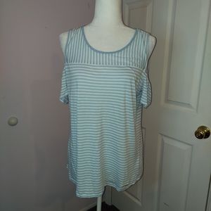 Michael Kors Baby Blue and White Stripe Cold Sholder Shirt